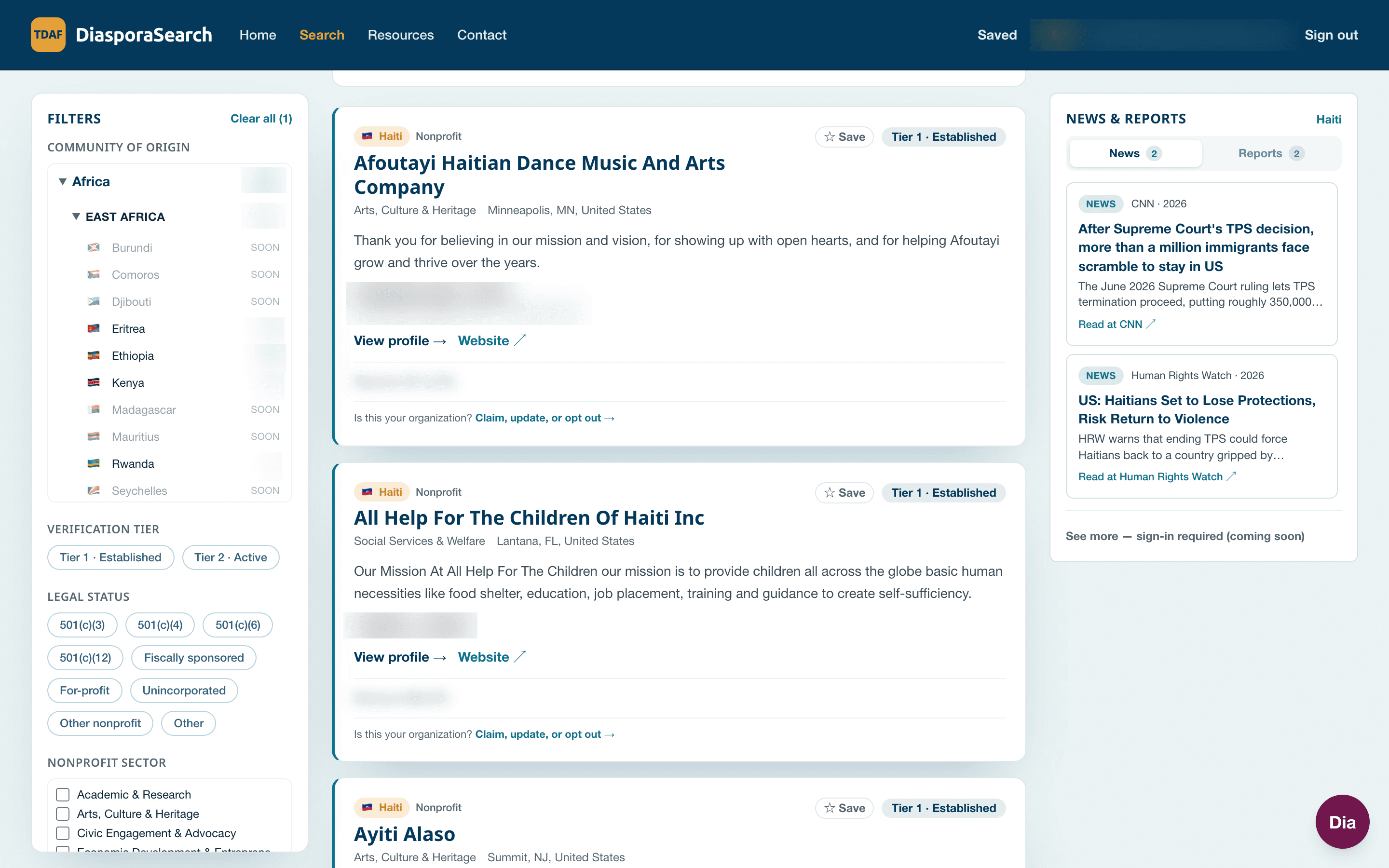 The DiasporaSearch platform open on a desktop browser.