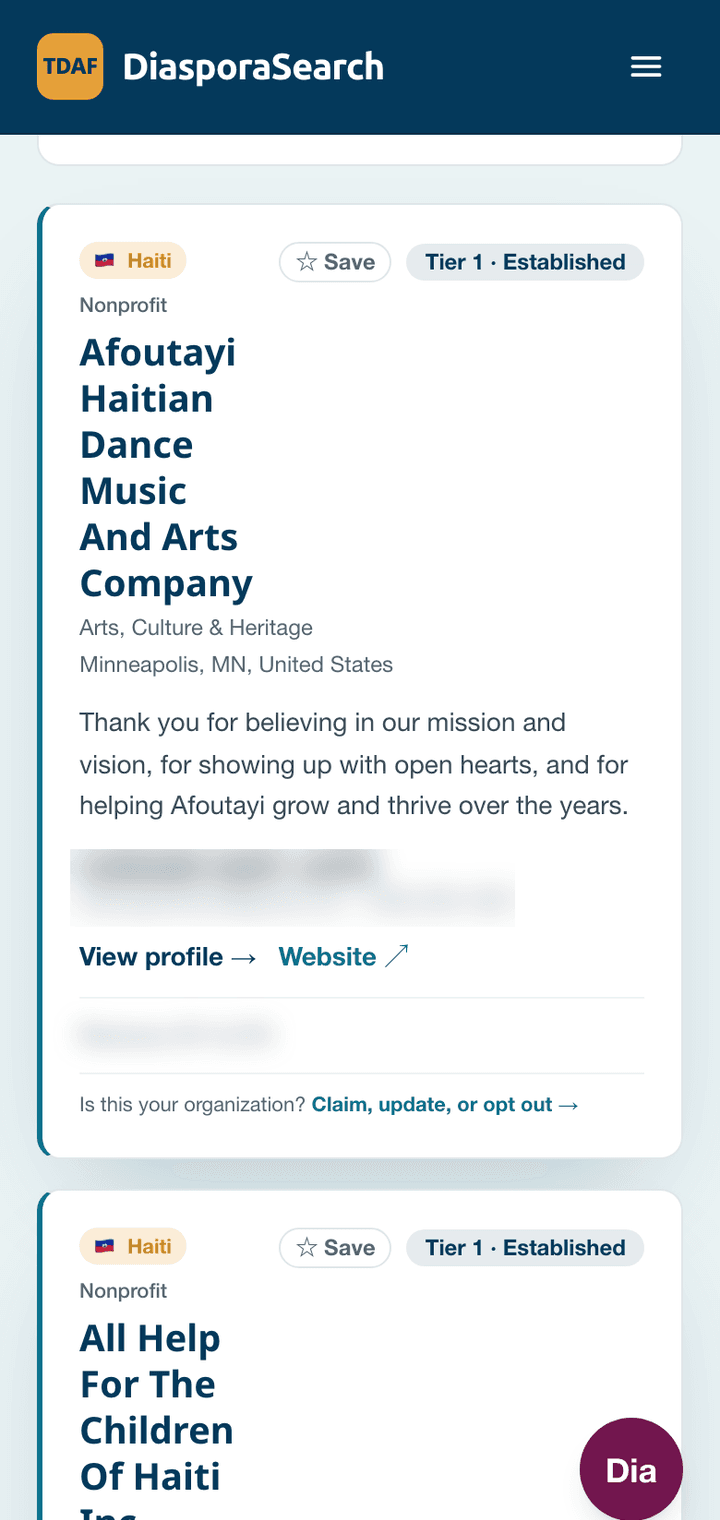 The DiasporaSearch platform open on a phone.